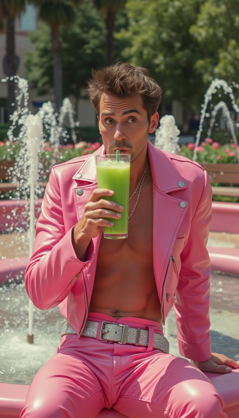 Captured mid-sip beside a pink-painted outdoor water fountain, the man is in full diva mode, embodying sass and flair as he enjoys his Green Mile smoothie like it’s an epic performance. His daring outfit is inspired by bold fashion—shiny pink leather pants with a matching cropped jacket, paired with white chunky boots and a silver belt that sparkles dramatically under the sunny light. His expression is intentionally theatrical: wide-eyes paired with arched brows, lips dramatically pursed mid-sip while he shoots an exaggerated "What are you looking at?" glance toward the side. The smoothie itself glows in vibrant green glory, framed by condensation droplets that sparkle under the sunlight. Around him, the park fountain creates flowing textures of water with small playful bursts of mist, blending seamlessly into the pink backdrop of flowers and benches. The photorealistic details—like folds in his clothing and light reflecting on the drink and fountain—make the scene hilariously dramatic, embodying humor, style, and absurd confidence.
Captured mid-sip beside a pink-painted outdoor water fountain, the man is in full diva mode, embodying sass and flair as he enjoys his Green Mile smoothie like it’s an epic performance. His daring outfit is inspired by bold fashion—shiny pink leather pants with a matching cropped jacket, paired with white chunky boots and a silver belt that sparkles dramatically under the sunny light. His expression is intentionally theatrical: wide-eyes paired with arched brows, lips dramatically pursed mid-sip while he shoots an exaggerated "What are you looking at?" glance toward the side. The smoothie itself glows in vibrant green glory, framed by condensation droplets that sparkle under the sunlight. Around him, the park fountain creates flowing textures of water with small playful bursts of mist, blending seamlessly into the pink backdrop of flowers and benches. The photorealistic details—like folds in his clothing and light reflecting on the drink and fountain—make the scene hilariously dramatic, embodying humor, style, and absurd confidence.Captured mid-sip beside a pink-painted outdoor water fountain, the man is in full diva mode, embodying sass and flair as he enjoys his Green Mile smoothie like it’s an epic performance. His daring outfit is inspired by bold fashion—shiny pink leather pants with a matching cropped jacket, paired with white chunky boots and a silver belt that sparkles dramatically under the sunny light. His expression is intentionally theatrical: wide-eyes paired with arched brows, lips dramatically pursed mid-sip while he shoots an exaggerated "What are you looking at?" glance toward the side. The smoothie itself glows in vibrant green glory, framed by condensation droplets that sparkle under the sunlight. Around him, the park fountain creates flowing textures of water with small playful bursts of mist, blending seamlessly into the pink backdrop of flowers and benches. The photorealistic details—like folds in his clothing and light reflecting on the drink and fountain—make the scene hilariously dramatic, embodying humor, style, and absurd confidence.
