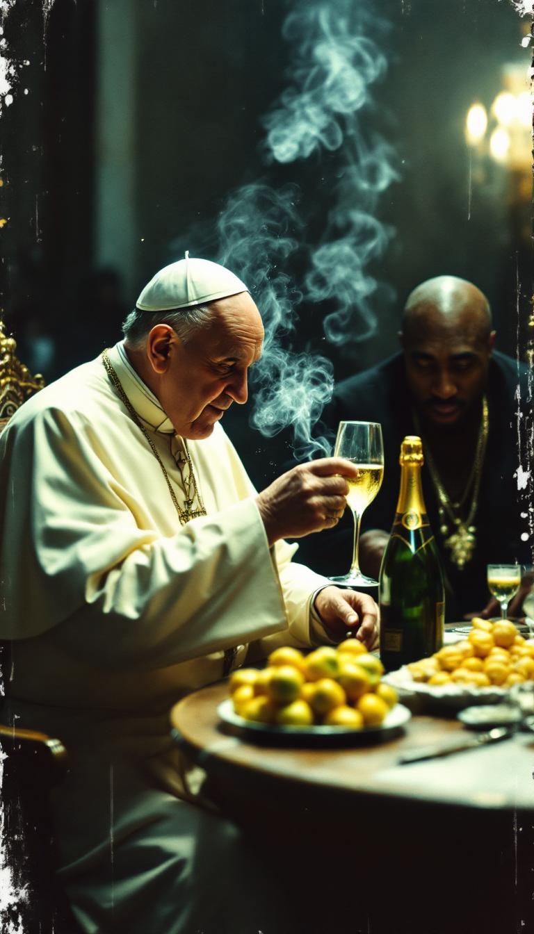 grungy analog iphone picture of the pope drinking champagne with tupac, flash photography, raw
