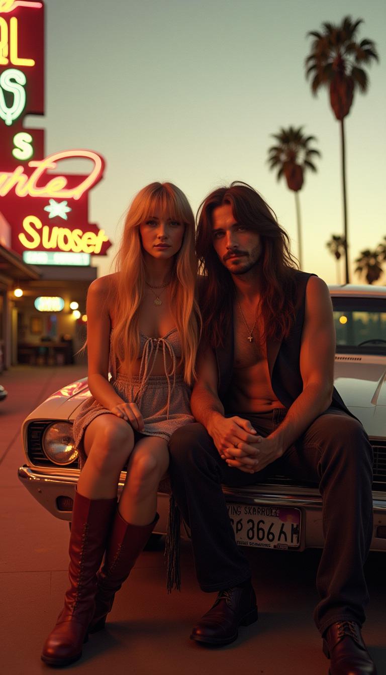 Hyper-realistic analog photo shot on film, slightly grainy. Los Angeles, the 60s, golden hour, neon lights, Sunset Strip, bars, vintage cars, rock ‘n’ roll vibe. A long-haired man in his mid-20s with his long-haired darkish blonde girlfriend with no bangs—he’s a rockstar and she’s dressed like a 60s muse in fringe, boots, and flowing fabrics. The photo gives a freedom & youth & nostalgia & rock ‘n’ roll vibe. Maybe they’re having drinks or cigarettes or joints. Palms around, maybe motorcycles or motels or liquor stores or bars.