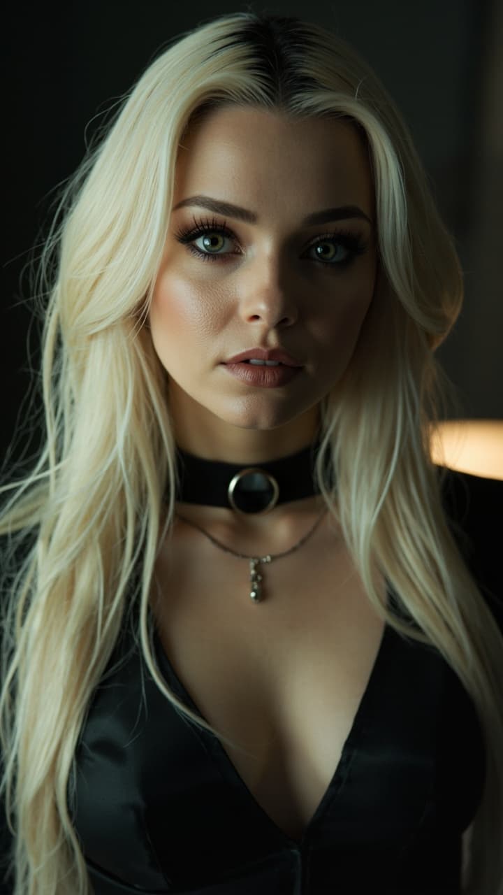 Professional realistic photo of this female character exudes an alluring and enigmatic charm. Her long, silky platinum blonde hair cascades down her shoulders, framing her delicate yet striking features. Her large, captivating eyes are emphasized by dark lashes, giving her a mesmerizing gaze that holds an air of mystery. Her full lips are slightly parted, hinting at both confidence and seduction. She wears a sleek black choker with a metallic accent, adding a rebellious, edgy touch to her otherwise elegant presence. The thin necklace with a delicate pendant rests gracefully on her collarbone, drawing attention to her smooth, flawless skin. Her outfit, form-fitting and stylish, enhances her alluring silhouette, embodying a perfect balance between sophistication and raw sensuality.