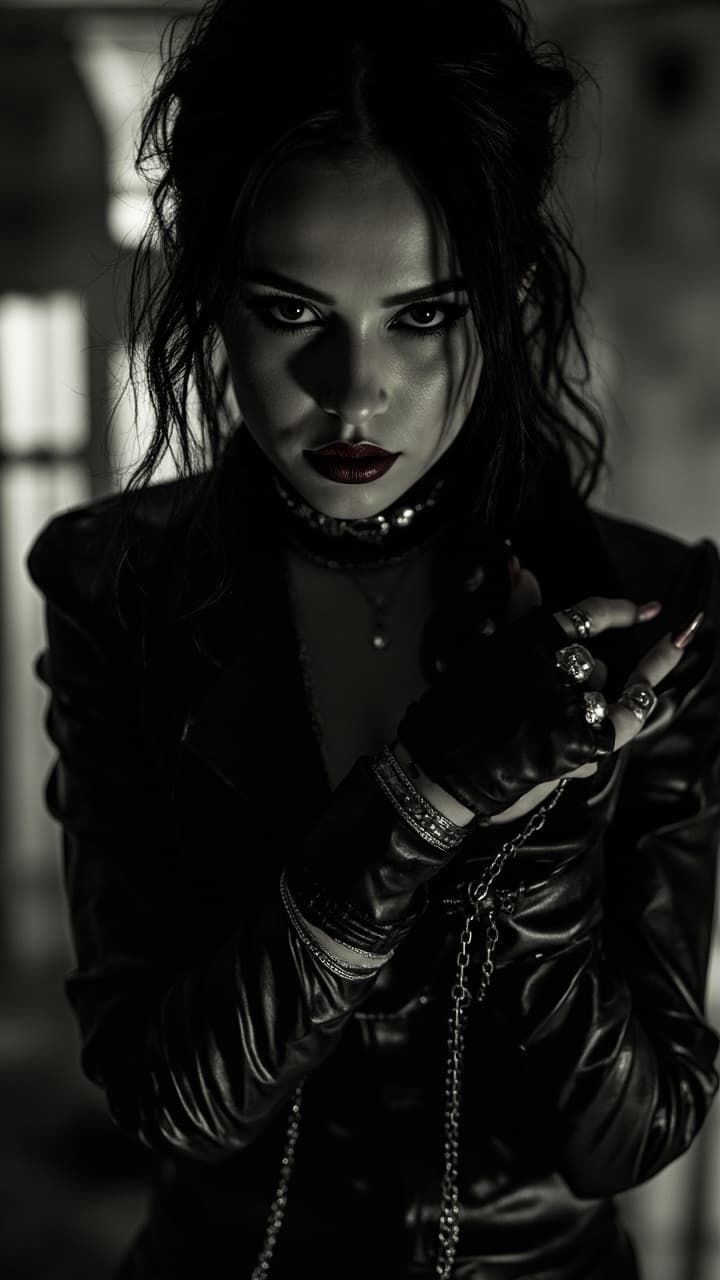 Centered, Noir poster, full body shot from head to toe of stunning escort girl in a leather outfit, gothic punk, Chiaroscuro, nearly black and white with red lips, Gothic fantasy, rings, bracelets, necklaces, chains, massive jewelry, leather outfit, an image in the artistic style of Frank Miller and Robert Rodriguez, professional photography, magnificent, alluring and attractive image, a combination of dark fantasies and gangsters, long loose hair, UHD, perfect body and eyes, wide-open pupils, sharp gaze, dark lips, light teasing smile, perfect, strict, flawless face, makeup, gloomy fantasy, overly detailed. , centered, wide angle lens, panoramic,