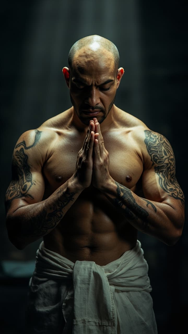 A powerful, bald, muscular Asian man in a prayer stance, hands pressed together in Anjali Mudra, with an intense, focused gaze that penetrates the frame. His sculpted upper body, adorned with detailed black and grey tattoos, is highlighted by dramatic lighting falling from above, while his traditional white dhoti and the darkened, blurred background emphasize the rich contrasts and intricate details of his form.