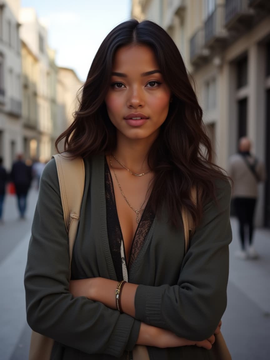 Portrait of a person with realistic details, cinematic lighting, professional photography, 4K, high quality walking in a city in Portugal