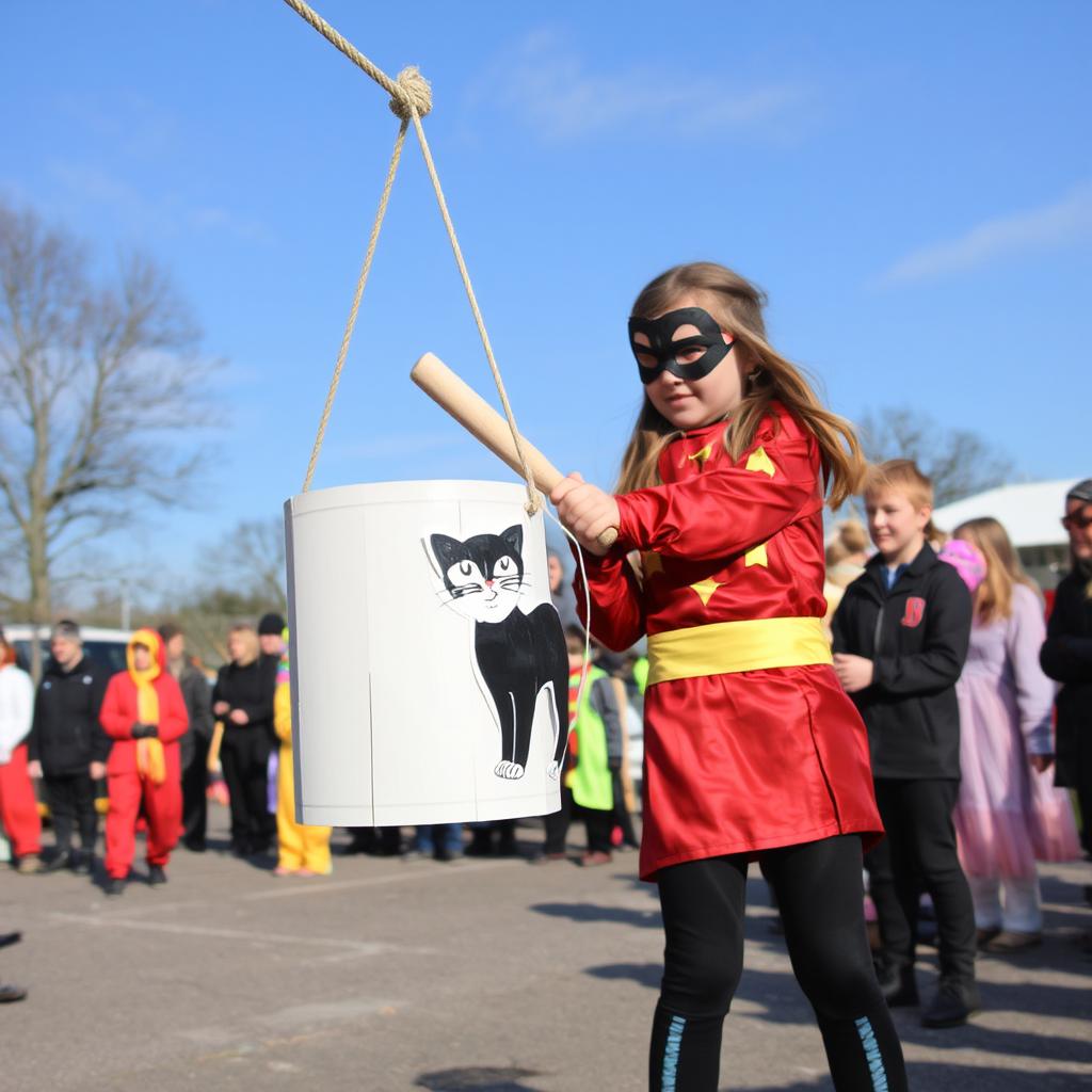 A photo of Fastelavn event, girl in superhero costume holding a baseball bat, kids in costumes standing in line, white-painted barrel hanging in a rope, on the barrel is a cutout of a black-cat drawing, 