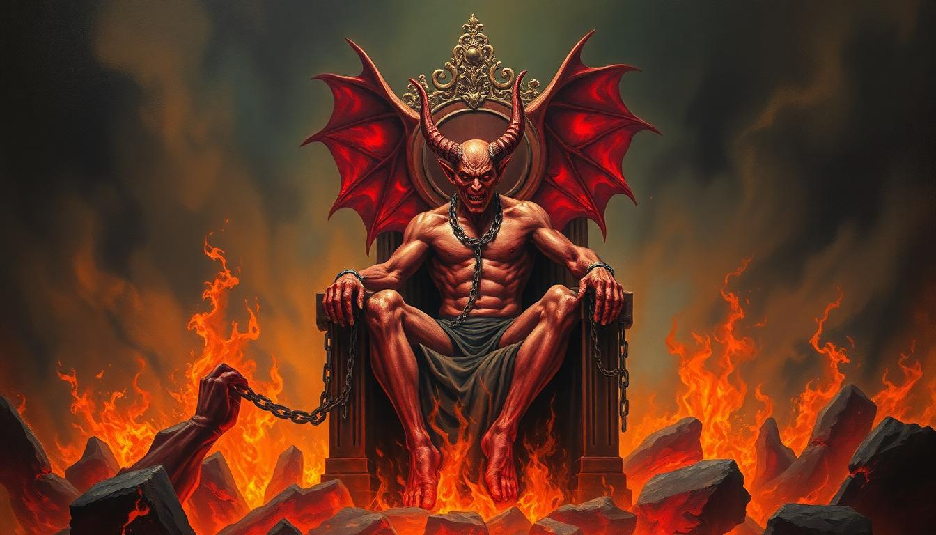 painting of hell with devil, with chains sitting on a throne