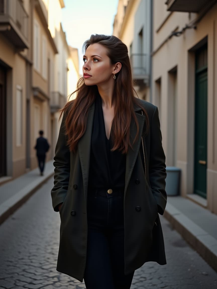 Portrait of a person walking down the streets of lisbon with realistic details, cinematic lighting, professional photography, 4K, high quality