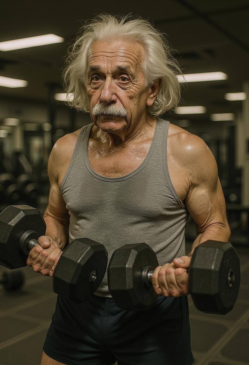 A lifelike gym photo showing Albert Einstein lifting dumbbells, wearing a tank top and gym shorts. Sweat glistens naturally on his forehead. The lighting comes from overhead fluorescents, casting real shadows. The background includes blurred gym equipment. The photo has a raw and authentic vibe, like a candid shot during a real workout session.