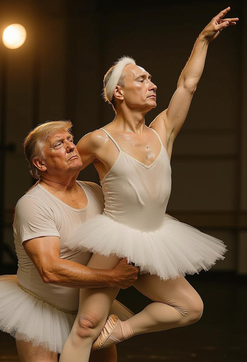Photoshoot of trump holding up putin in a ballet competition dance off. trump is the ballerina, putin is the swan. Both of them are graceful and professional yet due to the heat of the studio light, they are sweating and it stains their clothes. They are focused in their performance and the image is shot using a professional Sony camera
