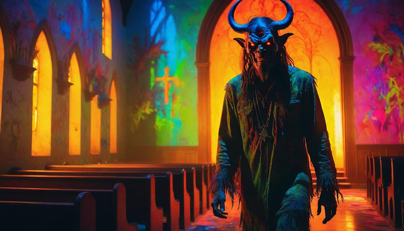 colorshift style, Expensive horror movie scene, a photo of a demon painted with hippie graffiti, walking in a church, nature documentary, cinematic lighting, colored lights, colored shadows, DOF, 16k.