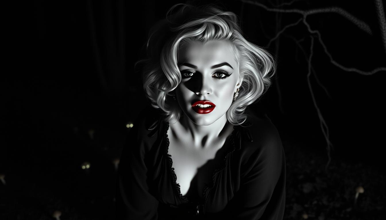 Cinematic medium longshot inspired by 1935 Horror films, featuring Marilyn Monroe portrayed as an evil witch in a dark, foreboding forest setting, reminiscent of Film Noir:

**Visual Details:**
- Marilyn Monroe's iconic beauty transformed with stark, pale makeup and dark, menacing shadows under her eyes, enhancing her sinister allure.
- Her hair styled in a disheveled yet captivating manner, with tendrils framing her face like snakes.
- Dressed in a tattered, flowing gown that blends seamlessly with the shadows, suggesting decay and darkness.
- The forest around her is dense with gnarled trees, their branches twisted and reaching out like skeletal fingers.
- The ground is covered with a carpet of dead leaves and small, eerie mushrooms glowing faintly in the dim light.

**Style:**
- Film Noir influence with high contrast lighting, creating deep, dramatic shadows that contour Marilyn's face and the surrounding environment.
- Monochromatic with selective color to highlight her eyes or the eerie glow of the forest, adding a surreal, otherworldly quality.

**Composition:**
- Marilyn stands slightly off-center, her silhouette framed by the gnarled trees, creating a sense of entrapment and isolation.
- The camera angle is low, looking up at her, making her appear more imposing and adding to the sinister atmosphere.
- The forest's canopy partially obscures the moon, casting eerie, slanting light through the branches.

**Mood and Atmosphere:**
- The scene exudes a palpable sense of dread and foreboding, with the forest's silence broken only by distant, unsettling sounds like the hoot of an owl or the rustling of leaves.
- The time is midnight, under a clouded sky with occasional moonlight piercing through, enhancing the chiaroscuro effect.

**Technical Aspects:**
- Utilize deep focus to keep both Marilyn and the intricate details of the forest in sharp detail.
- Apply selective focus to occasionally blur the background, drawing the viewer's attention to Marilyn's haunting expression.
- Use a wide aperture for shallow depth of field to separate her from the forest, emphasizing her as the focal point of horror.

**Cohesion:**
- All elements converge to create a scene where Marilyn Monroe, as an evil witch, commands the dark, oppressive atmosphere of the forest, embodying the eerie essence of 1930s horror cinema.
