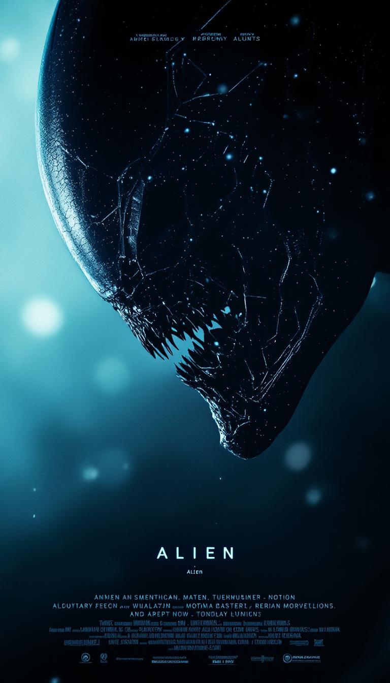 Make a new cinematic movie cover of a movie "Alien" with typical cinematic title and text on it showing an extraterrestrial creature in close up