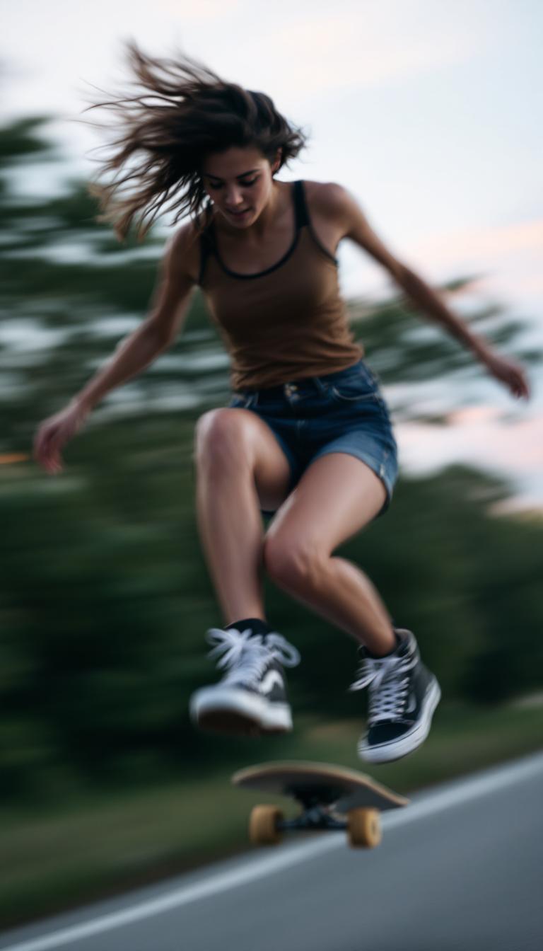 Action photoshoot of teenage girl on skateboard, right jumping in the air. Wearing tank top, jeans shorts and Vans boots. Motion blur, bokeh