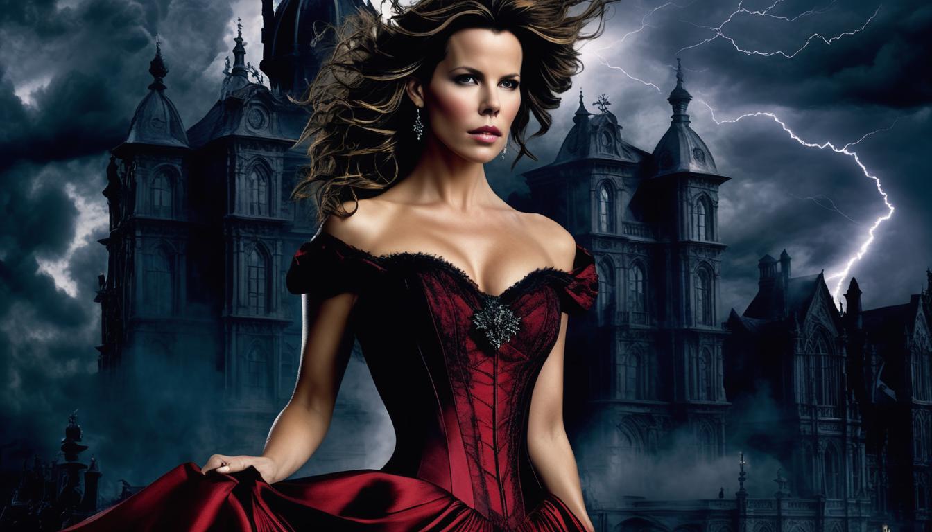 Kate Beckinsale as gothic scene featuring Jane Woodstocke, an almond-eyed vampire with olive skin, brown ringlets in an elegant updo, dressed in a blood-red chiffon gown with a whalebone corset, set against the backdrop of gothic architecture under a stormy twilight sky with lightning and dark clouds.