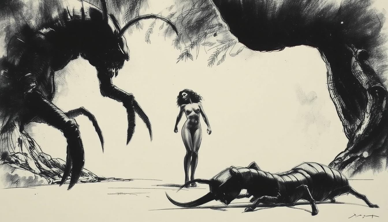 charcoal style illustration of a semi-naked stunning supermodel as a sci-fi soldier in a vintage sci-fi movie scene with a dangerous centipede space-monster, reminiscent of the bold, provocative characters from early sci-fi movies. 