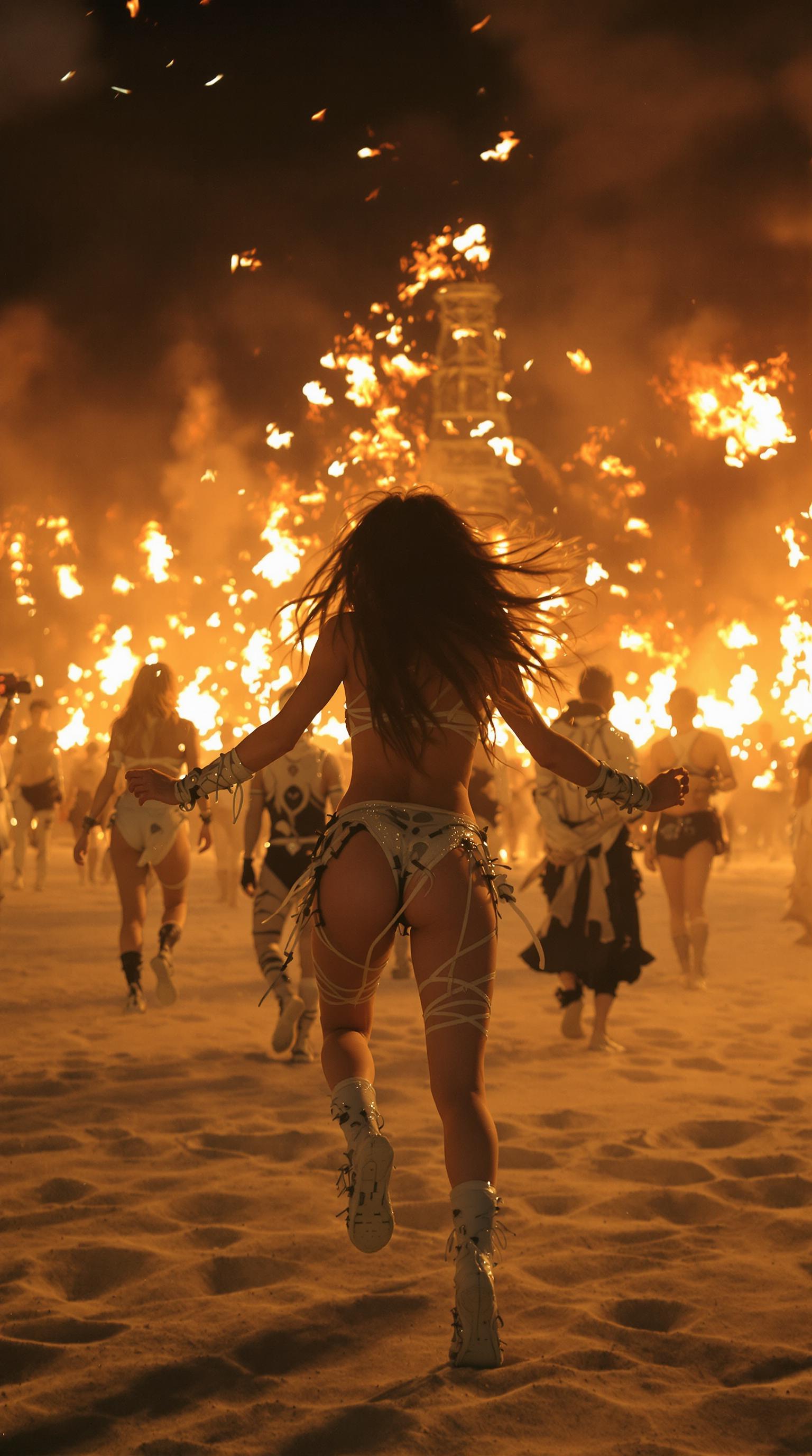 cinematic photo of Burning Man Festival at beach, in front a party girl is dancing. All people with Burning Man outfit, night shoot with fire, motion blur, bokeh