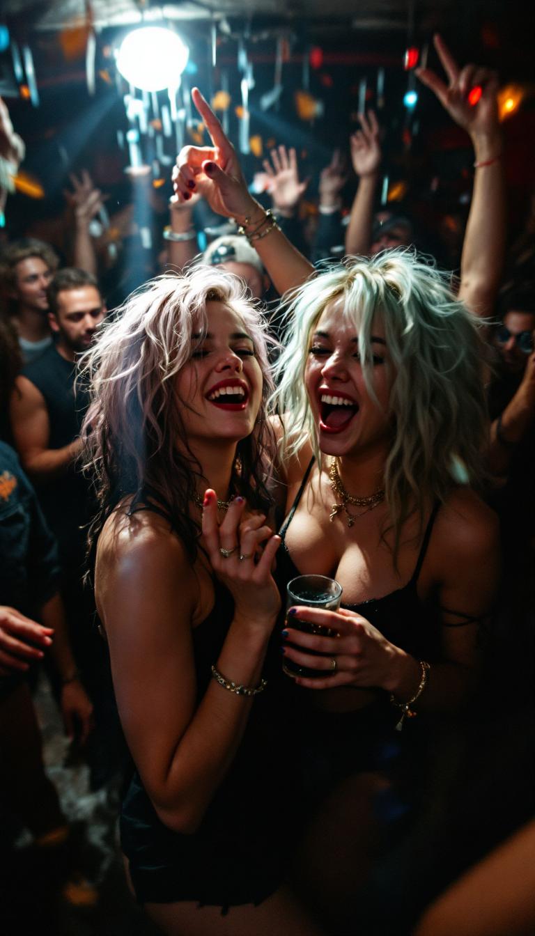 A candid paparazzi-style photo of Tatsumaki and Jinx at a college party. They are drunk and partying in a dirty frat house basement. It is a candid shot with a lot of active motion, interaction, etc. Flash glare from the camera partially overexposes the image, giving it a chaotic, tabloid feel.