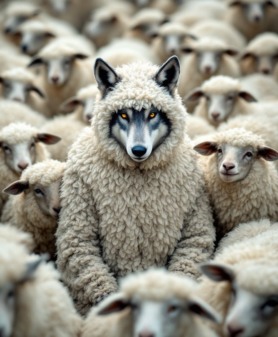 A wolf in a sheep costume among group of sheep trying to blend .