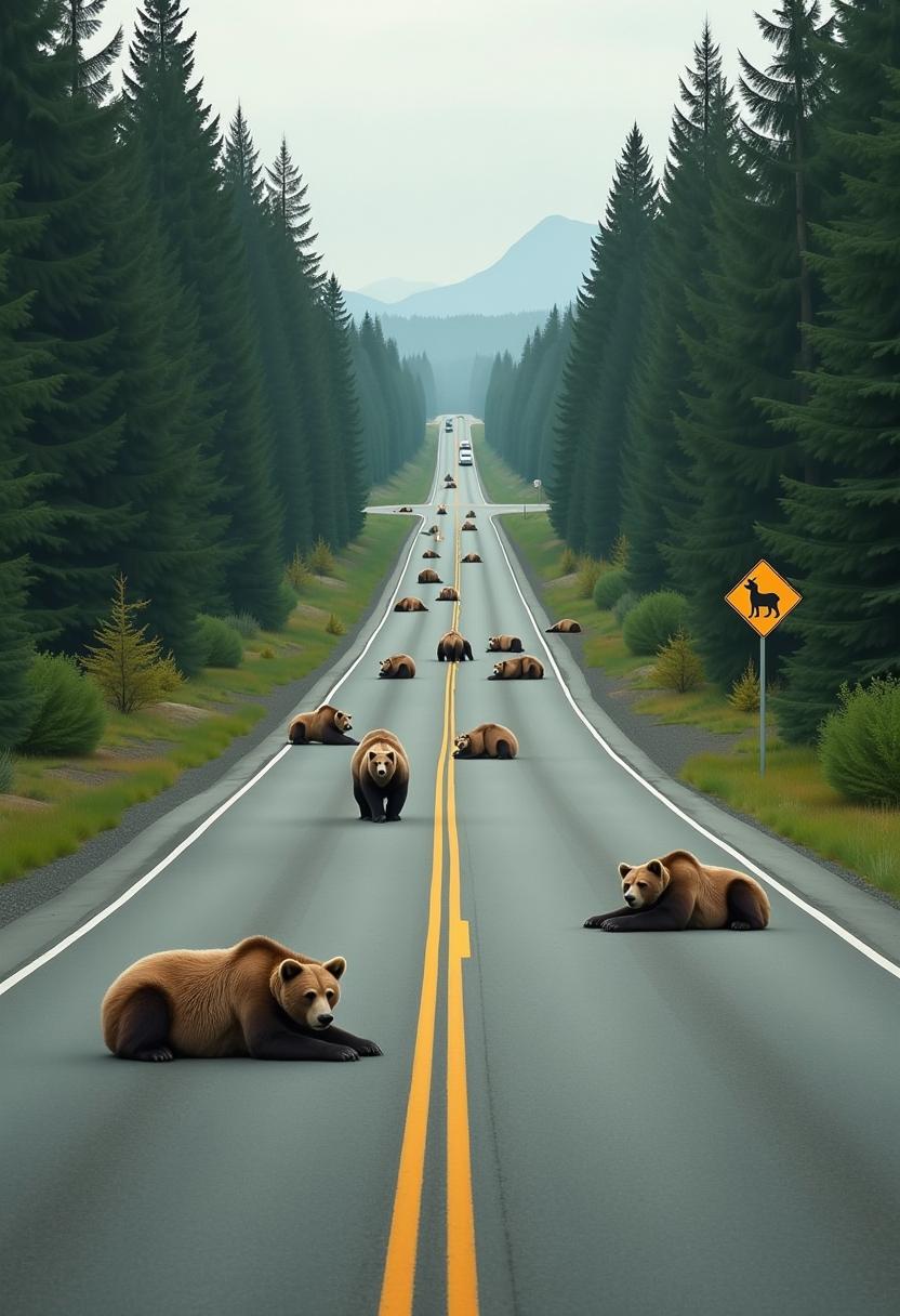 This image depicts a road surrounded by dense forest, with a multitude of bears of various sizes and colors scattered across the asphalt. The road is marked with double yellow lines, and there is a sign indicating a wildlife crossing. The bears appear to be resting or walking along the road, and some are lying down in the middle of the road, seemingly undisturbed by the presence of humans or vehicles.The art style of the image is realistic, capturing the texture of the bears fur and the roughness of the road. The medium appears to be a digital photograph, given the clarity and sharpness of the image. The colors are natural and muted, with the greys of the road contrasting against the browns of the bears and the greens of the trees. The sky is overcast, contributing to the overall calm and serene atmosphere of the scene.The objects in the image include the bears, the road with its markings, the wildlife crossing sign, and the surrounding forest. The bears are the focal point of the image, with their presence dominating the scene. The road serves as a pathway for the bears, and the wildlife crossing sign indicates the areas efforts to manage the interaction between wildlife and humans. The forest provides a natural habitat for the bears and frames the road, adding depth and context to the setting.