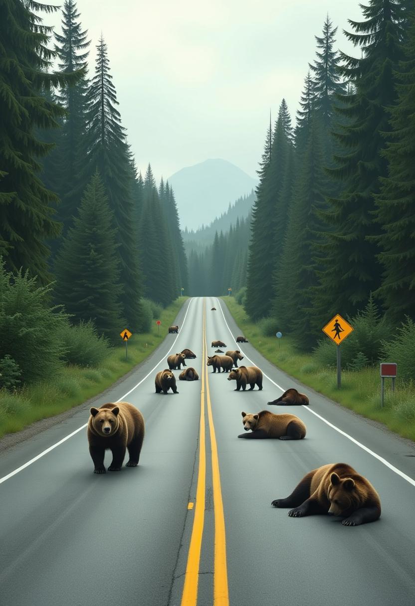This image depicts a road surrounded by dense forest, with a multitude of lots bears of various sizes and colors scattered across the asphalt. The road is marked with double yellow lines, and there is a sign indicating a wildlife crossing. The bears appear to be resting or walking along the road, and some are lying down in the middle of the road, seemingly undisturbed by the presence of humans or vehicles.The art style of the image is realistic, capturing the texture of the bears fur and the roughness of the road. The medium appears to be a digital photograph, given the clarity and sharpness of the image. The colors are natural and muted, with the greys of the road contrasting against the browns of the bears and the greens of the trees. The sky is overcast, contributing to the overall calm and serene atmosphere of the scene.The objects in the image include the bears, the road with its markings, the wildlife crossing sign, and the surrounding forest. The bears are the focal point of the image, with their presence dominating the scene. The road serves as a pathway for the bears, and the wildlife crossing sign indicates the areas efforts to manage the interaction between wildlife and humans. The forest provides a natural habitat for the bears and frames the road, adding depth and context to the setting.