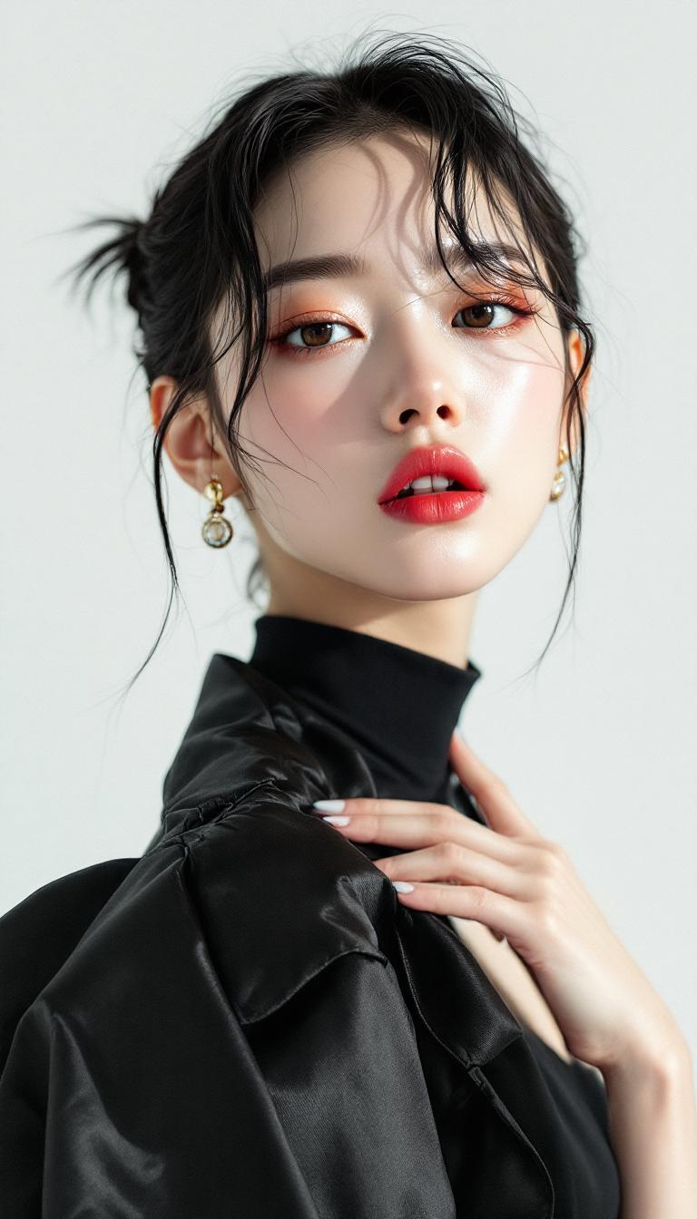 Realistic portrait of K-pop star Rose on the cover of VOGUE magazine. minimalist background, professional photography