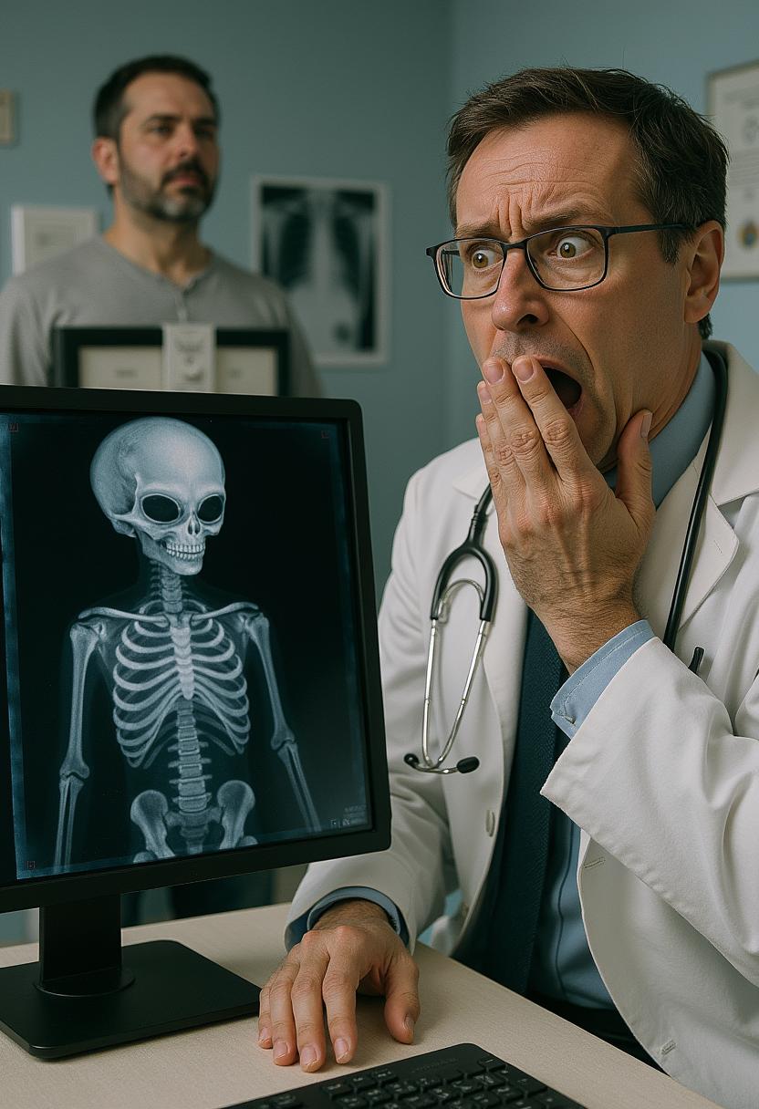 in a medical doctor's office a man get an x-ray medical examination. the computer screen of the x-ray result show's an Alien skeleton while the doctor seams to be extrem afraid
