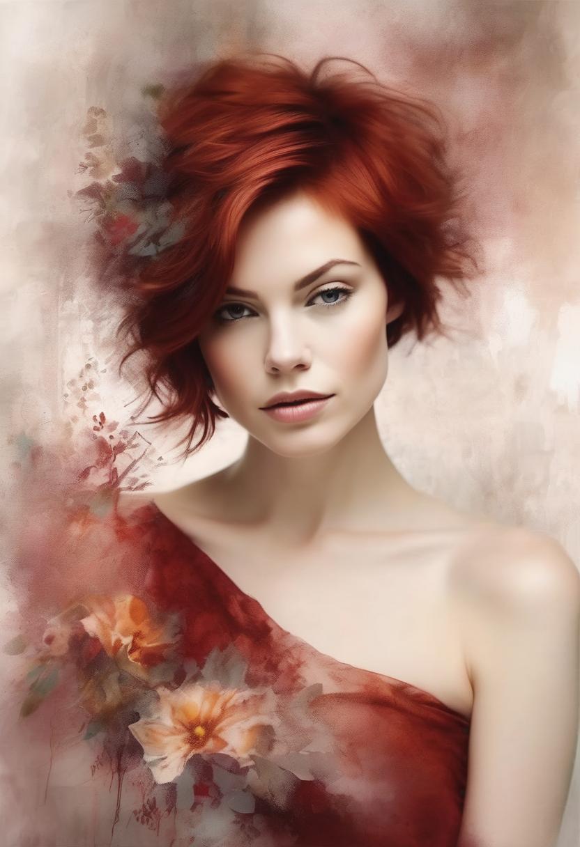 Create a dreamy, minimalist nude portrait of a woman with short dark red messy hair. The scene is carefully lit, with soft highlights accentuating the natural curves of the body. The floral background is stylized—either as a gentle blur or an artistic pattern subtly merging with the subject. The composition remains minimalist: no unnecessary props, focusing solely on the harmony between body, light, and floral surroundings. The lighting is soft, diffused, almost ethereal, evoking a dreamlike atmosphere.

Direct pose instruction: The woman should be slightly leaning forward, arms gently crossed over her body, her gaze partially hidden behind a shadow or a flower. The overall image should reflect a modern, almost surreal aesthetic, inspired by contemporary fine art photography.