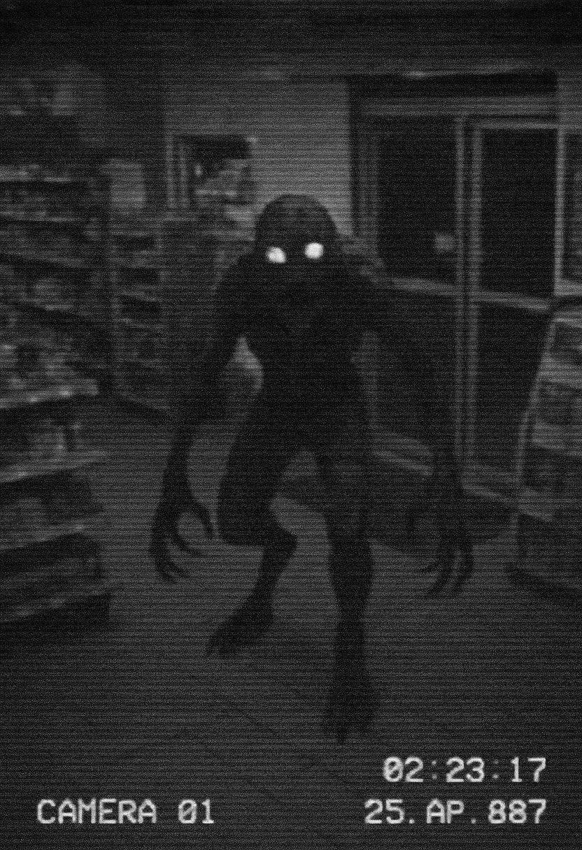 black and white, grainy surveillance camera shows how a terrible monster enter a gas station shop at night, analog style with glitches, partly unsharpened, timestamp is shown on screen