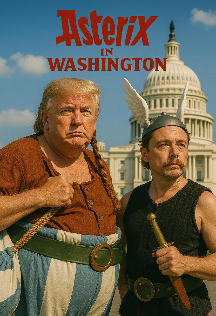 Generate a super realistic real life image of a movie cover  asterix and obelix, where Donald Trump is Obelix and Elon Musk is Asterix with the movie title "Asterix in Washington". make an absolutely epic poster out of it