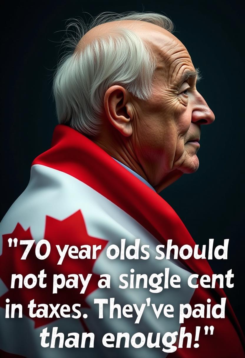 This image features a closeup profile of an elderly person, likely a male given the visible facial hair and hairline. The person is wearing a garment with the design of the Canadian flag, which is draped over the shoulders and partially obscures the view of the persons upper body. The flag is prominently displayed with its characteristic flag with red maple leaf on a blue background. The background is dark, with a focus on the subject and the flag, which stands out with its vivid colors. The text overlay on the image reads, "70 year olds should not pay a single cent in taxes. Theyve paid more than enough!" This message suggests a political or social commentary on taxation and the perceived contributions of elderly individuals.The art style of the image is realistic, with a focus on the textures and details of the subjects skin and the flags fabric. The medium appears to be a photograph, given the clarity and sharpness of the image. The colors are rich and saturated, with the red, white with a maple leaf of the canadian flag creating a strong visual impact against the dark background.Overall, the image is a powerful visual statement, combining the symbolism of the Canadian flag with a message about taxation and the elderly, likely intended to evoke a response or discussion on the subject.