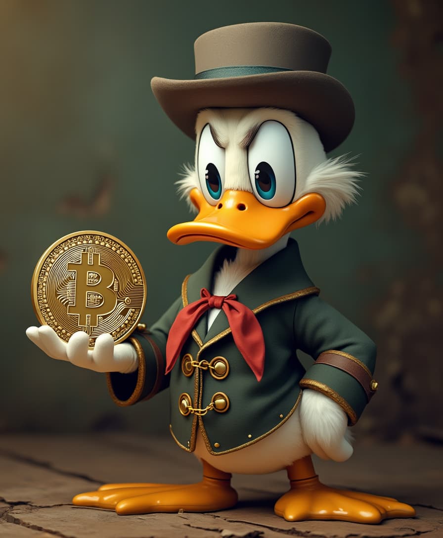  Dagobert Duck holding a old coin with Bitcoin logo in his hand an looking very skeptical at it