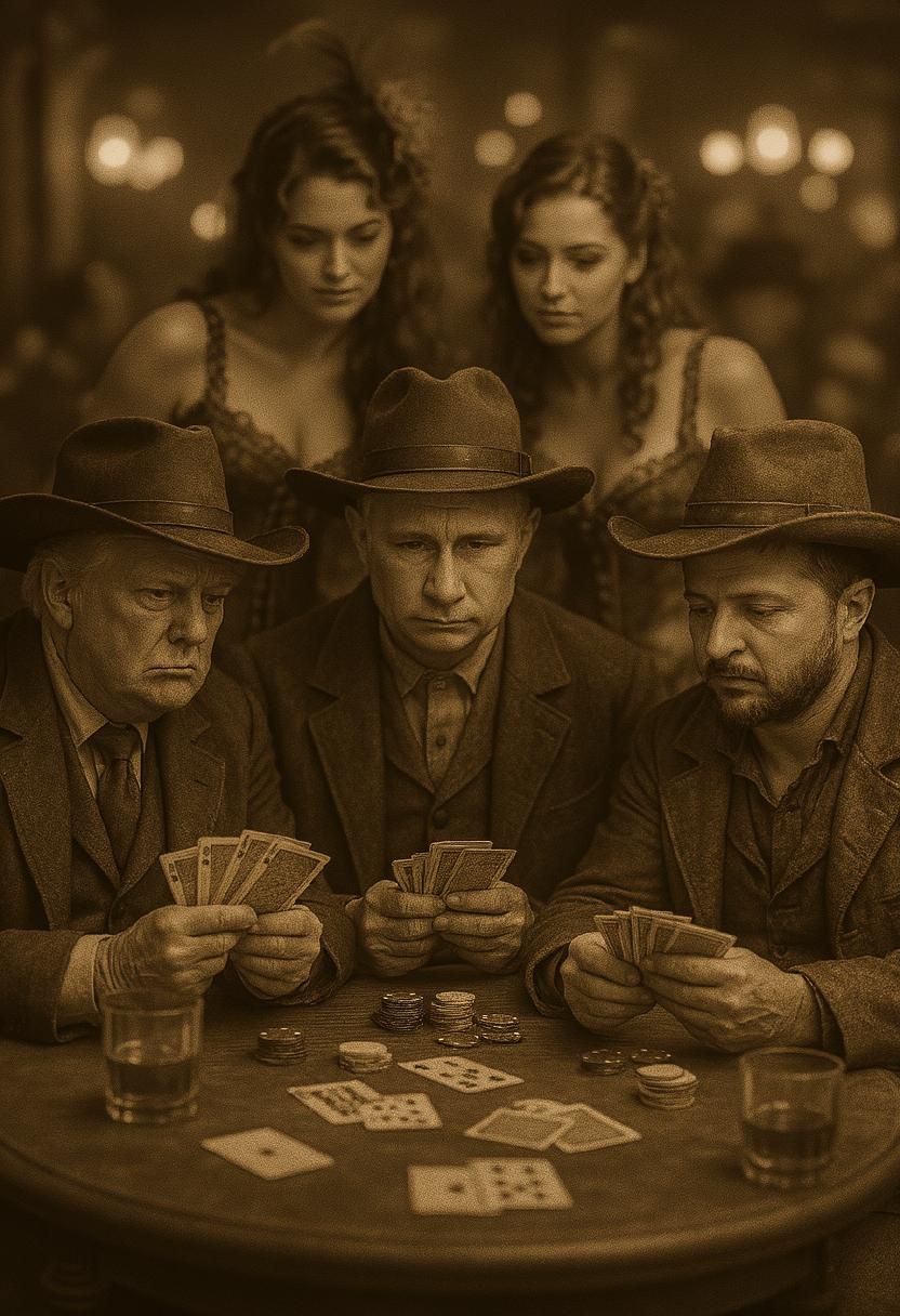 A historical cowboy saloon picture in sepia effect where Donald Trump, Wladimir Putin and Zelensky playing poker as cowboys. Poker cards and whisky glasses on table, while some saloon girls looking over the shoulder of the men. typical western atmosphere, bokeh