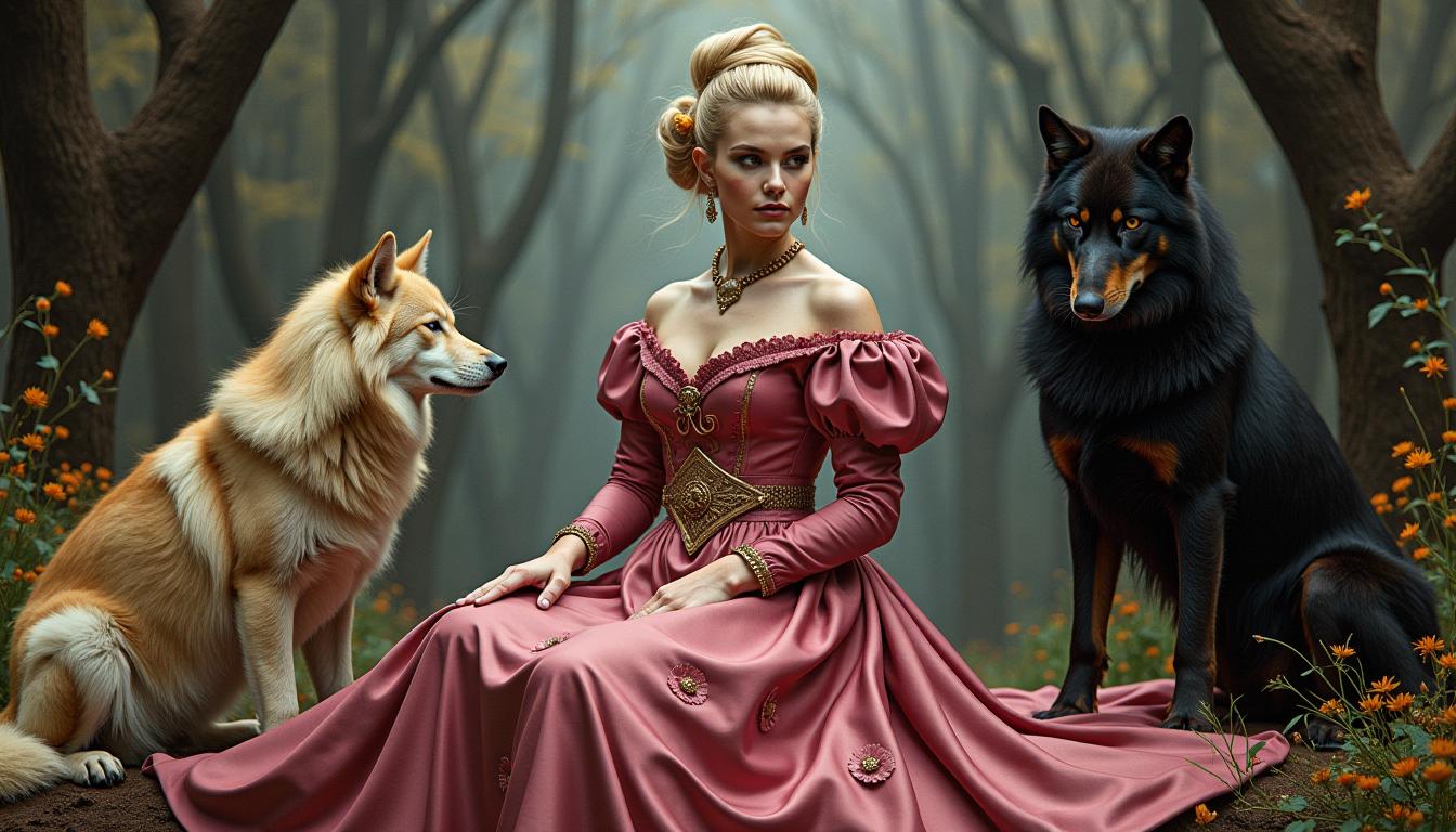 Amidala depicted as a dominant princess (blonde updo hair), shrouded in Wolfs, adorned in a dark pink victorian silk dress, weathered leather boots adorning her feet, in a complex, multi-layered scene, merging the styles of Artgerm, Rubens, and Remedios Varo, exuding whimsical grace, gothic charm, with wolf motifs woven intricately throughout, 8k
