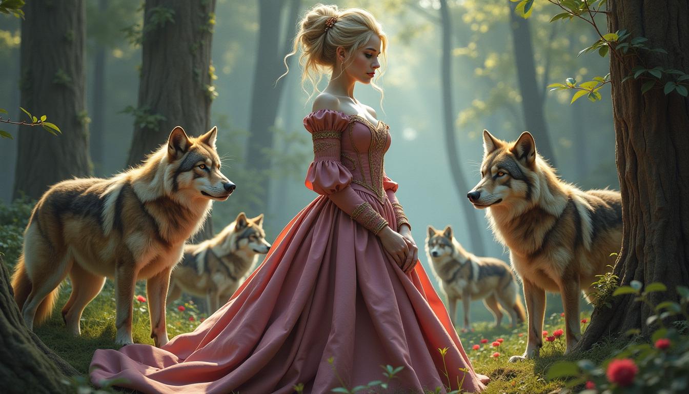 A noble, enigmatic princess with a graceful presence stands surrounded by wolves in a multi-layered, dreamlike scene. Her hair is styled in an elaborate blonde Victorian updo. She wears a flowing dark pink Victorian silk gown, paired with weathered leather boots. The environment merges whimsical gothic elegance with fantastical charm, inspired by the styles of Artgerm, Rubens, and Remedios Varo. Wolf motifs are subtly woven into her clothing and the surroundings. Soft dramatic lighting enhances the depth, painted in ultra-detailed 8k digital style.