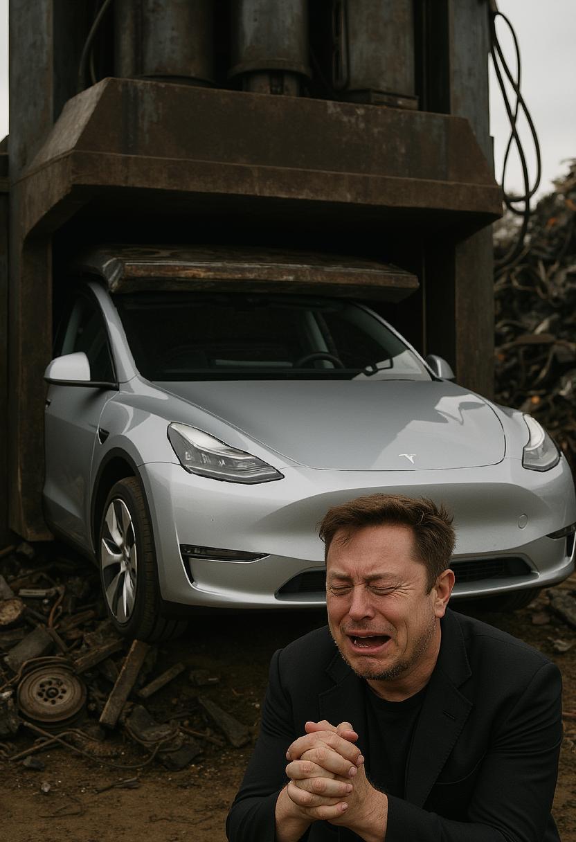 A brand new Tesla Model Y will be crushed by scrap presses while Elon Musk is crying on his knees just in front of it