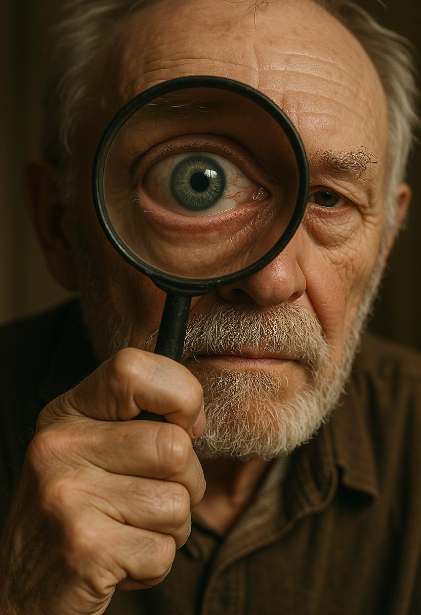 realistic close up photo of an old man looking with one eye through a magnifying glass. The eyes appears very oversized with red veins around the iris