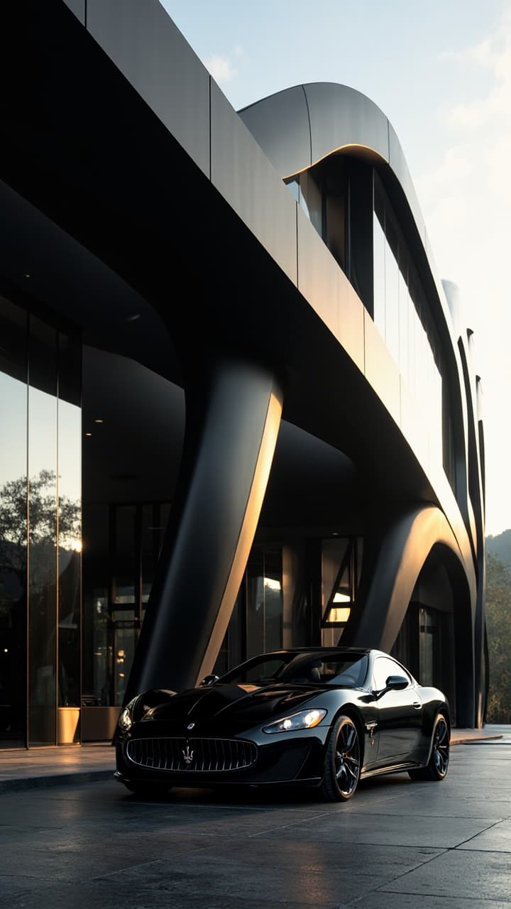 A wide front facade view, shot of a black luxury ,Luxury black house , curved t-spline angles, glass panel designed by Zaha Hadid, Black old maserati , natural light during the day,, resulting in ultra-realistic photography, luxury , clean