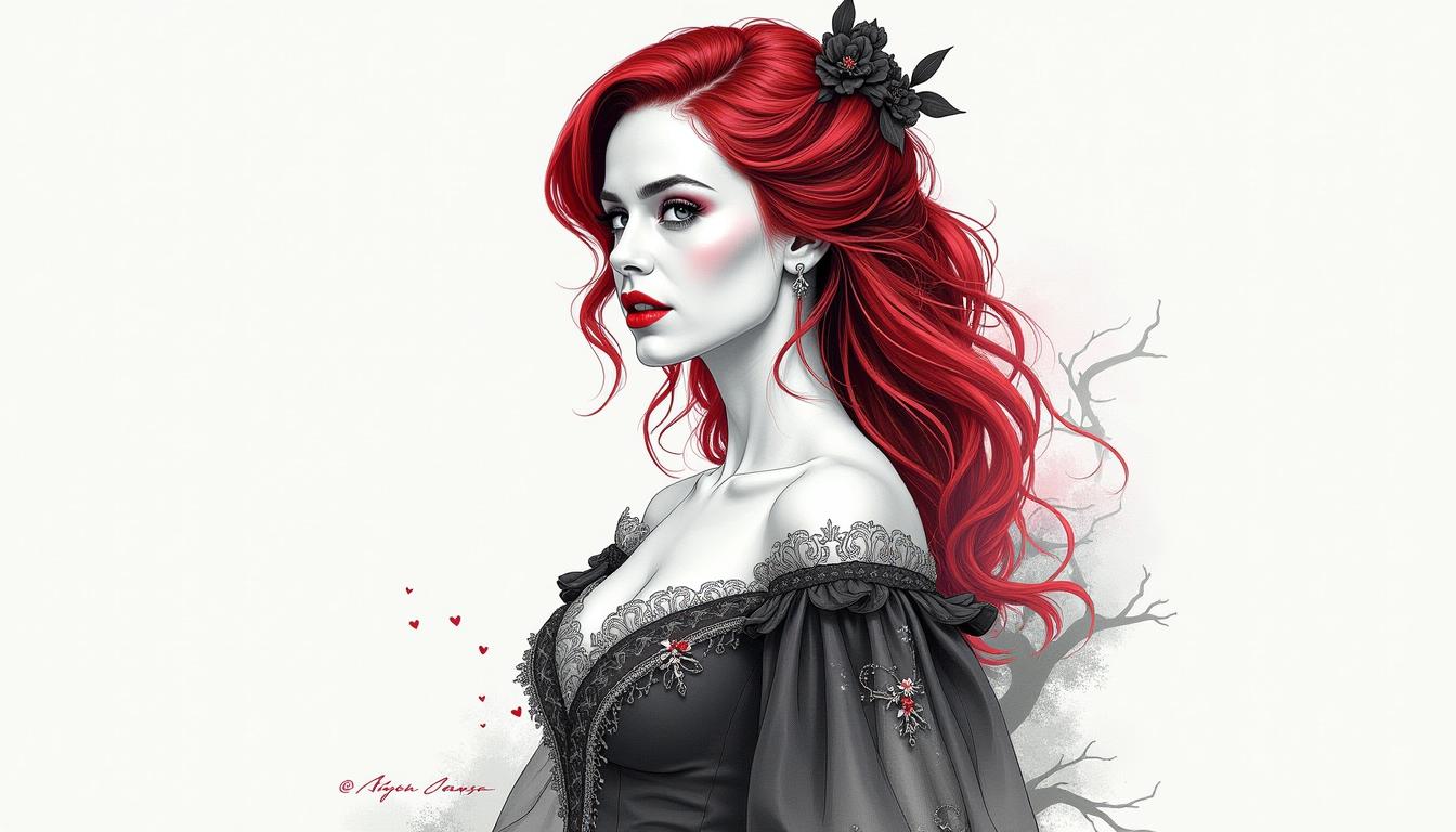 Full-body digital painting of a woman resembling Amy Adams as Dejah Thoris, dressed in ornate Victorian attire. Illustrated in a stylized comic book ink pen style, with a monochromatic palette and striking red accents in her hair and lips. Designed with ultra-detailed linework and vector-friendly clarity, ideal for t-shirt printing. A subtle double exposure effect blends her silhouette with elegant motifs or landscapes. Inspired by the delicate, feminine aesthetic of Luiza Lima. High-resolution 4k, strong contrast, refined composition.