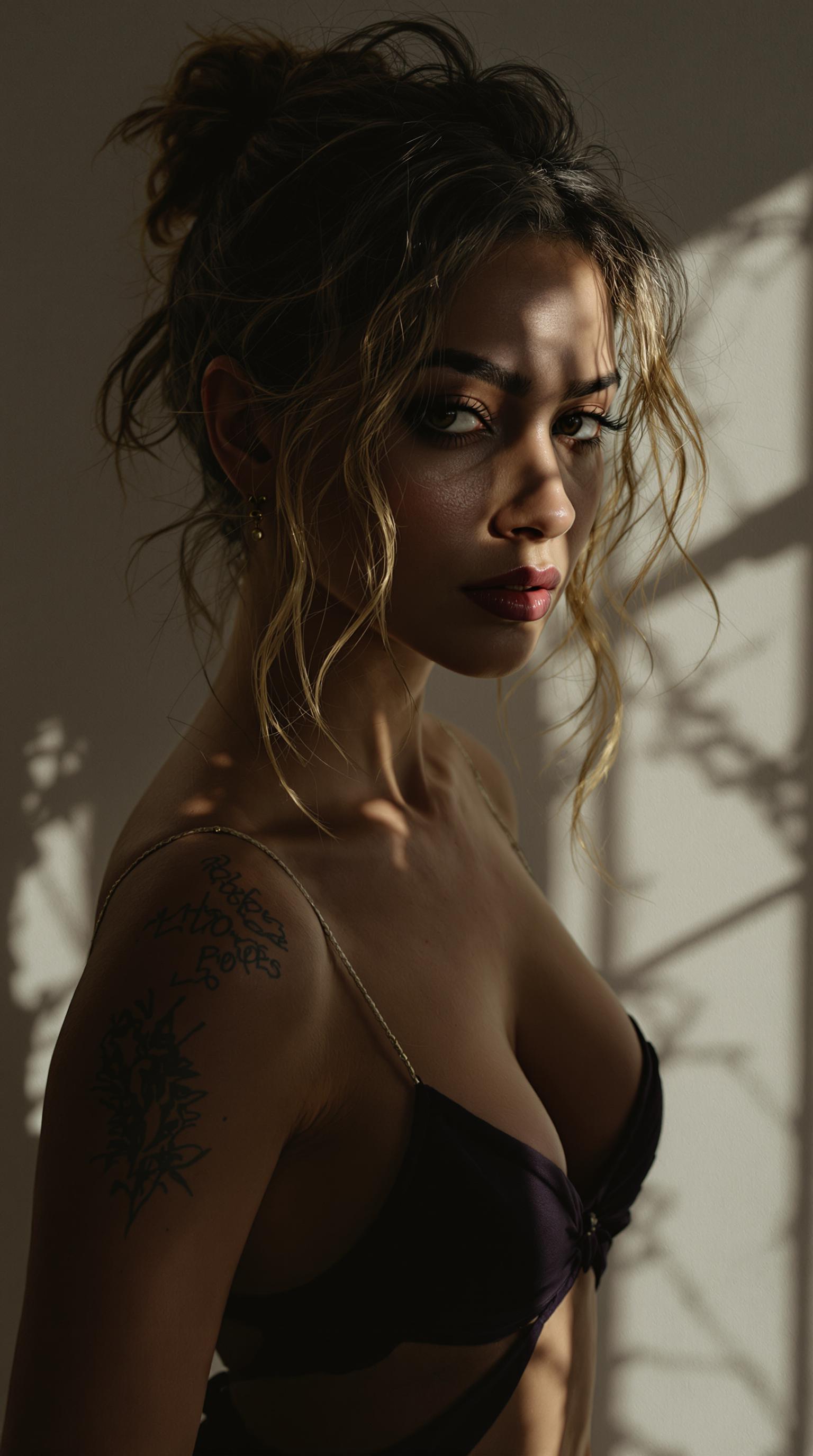 realistic photography style raw, editorial photography, chiaroscuro , with lights and shadows that enhanced her beautiful figure, postproduction, Sony Alpha IV, Kodak Color 35mm, in the style of 32K raw, UHD.