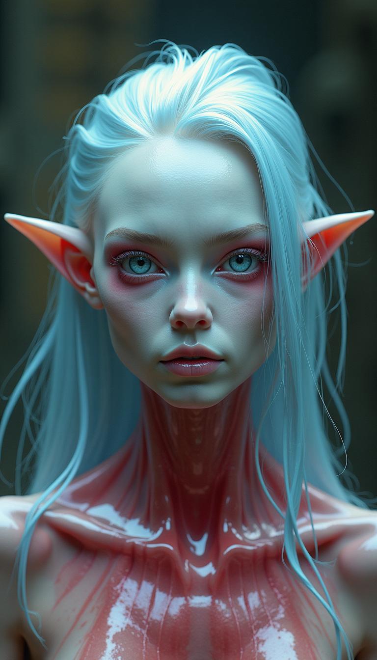 An alien creature with transparent jelly-like skin, wearing an elegant hairstyle inspired by the swan-necked people from The Shining movie, porcelain-like makeup, very pale skin, a smooth face without wrinkles, and a red and blue latex like body, in the style of hyper-realistic photography.