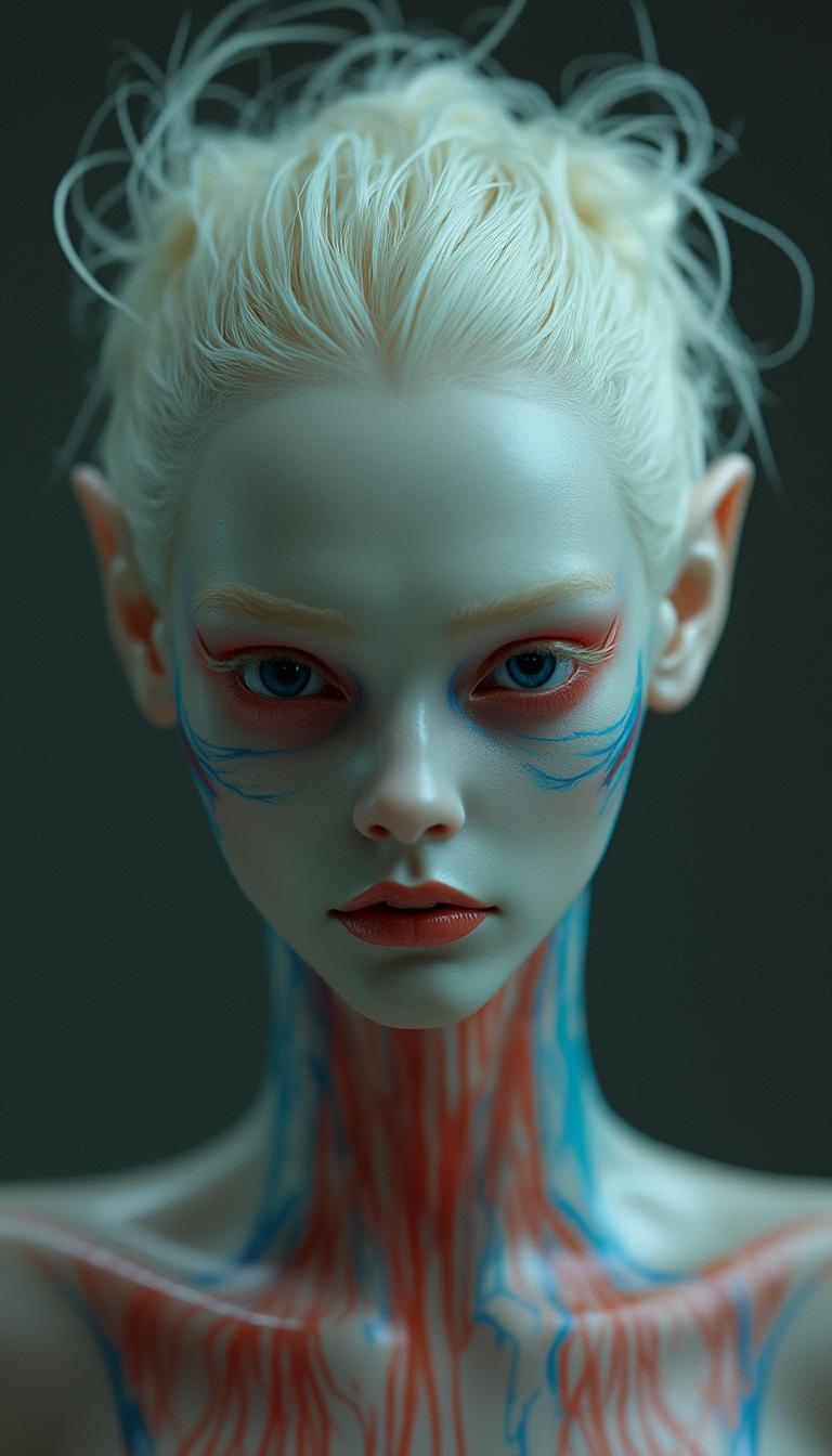 An alien creature with transparent jelly-like skin, wearing an elegant hairstyle inspired by the swan-necked people from The Shining movie, porcelain-like makeup, very pale skin, a smooth face without wrinkles, and a red and blue latex like body, in the style of hyper-realistic photography.