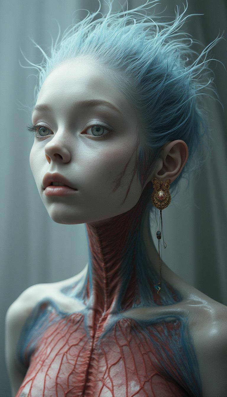 An alien creature with transparent jelly-like skin, wearing an elegant hairstyle inspired by the swan-necked people from The Shining movie, porcelain-like makeup, very pale skin, a smooth face without wrinkles, and a red and blue latex like body, in the style of hyper-realistic photography.