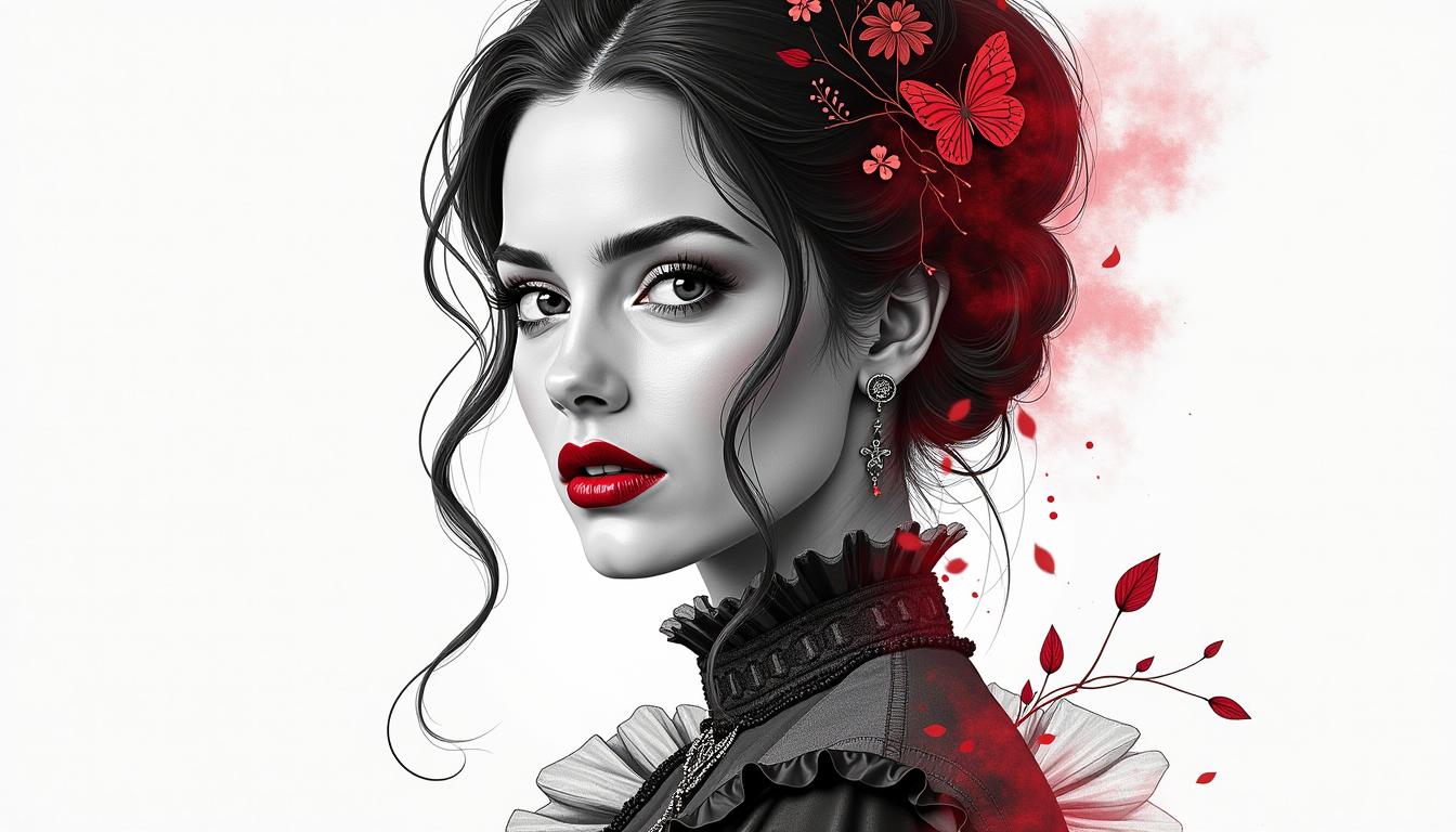 A full-body digital painting of a woman with Amy Adams' likeness as Dejah Thoris, adorned in ornate Victorian attire. The piece is illustrated in a stylized comic book ink pen style, featuring a monochromatic palette with bold red accents in her hair and lips. The linework is ultra-detailed and vector-friendly, ensuring clarity suitable for high-quality t-shirt printing. A subtle double exposure effect merges her silhouette with elegant motifs or landscapes, evoking the delicate, feminine aesthetic reminiscent of Luiza Lima's art. The composition is refined with high contrast, creating a visually striking scene. Rendered in high-resolution 4k, the image captures a sense of timeless elegance with a touch of fantasy.