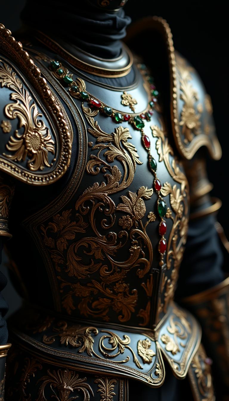 A black set of armour reimagined in the Baroque style in full frame, nothing out of frame, its handles intricately engraved with swirling gold filigree patterns, encrusted with sparkling gemstones in deep ruby and emerald hues, the chest gleaming with a polished gold finish and etched with delicate floral motifs, exuding opulence and grandeur, set against a deep black background that enhances the dramatic contrast, illuminated by soft, cinematic lighting that highlights the ornate details and creates a sense of depth, highly detailed, luxurious, and elegant. Hasselblad X2D 50C, 200mm lense, Film photography, soft lighting, minimalistic photography, ethereal aesthetic.