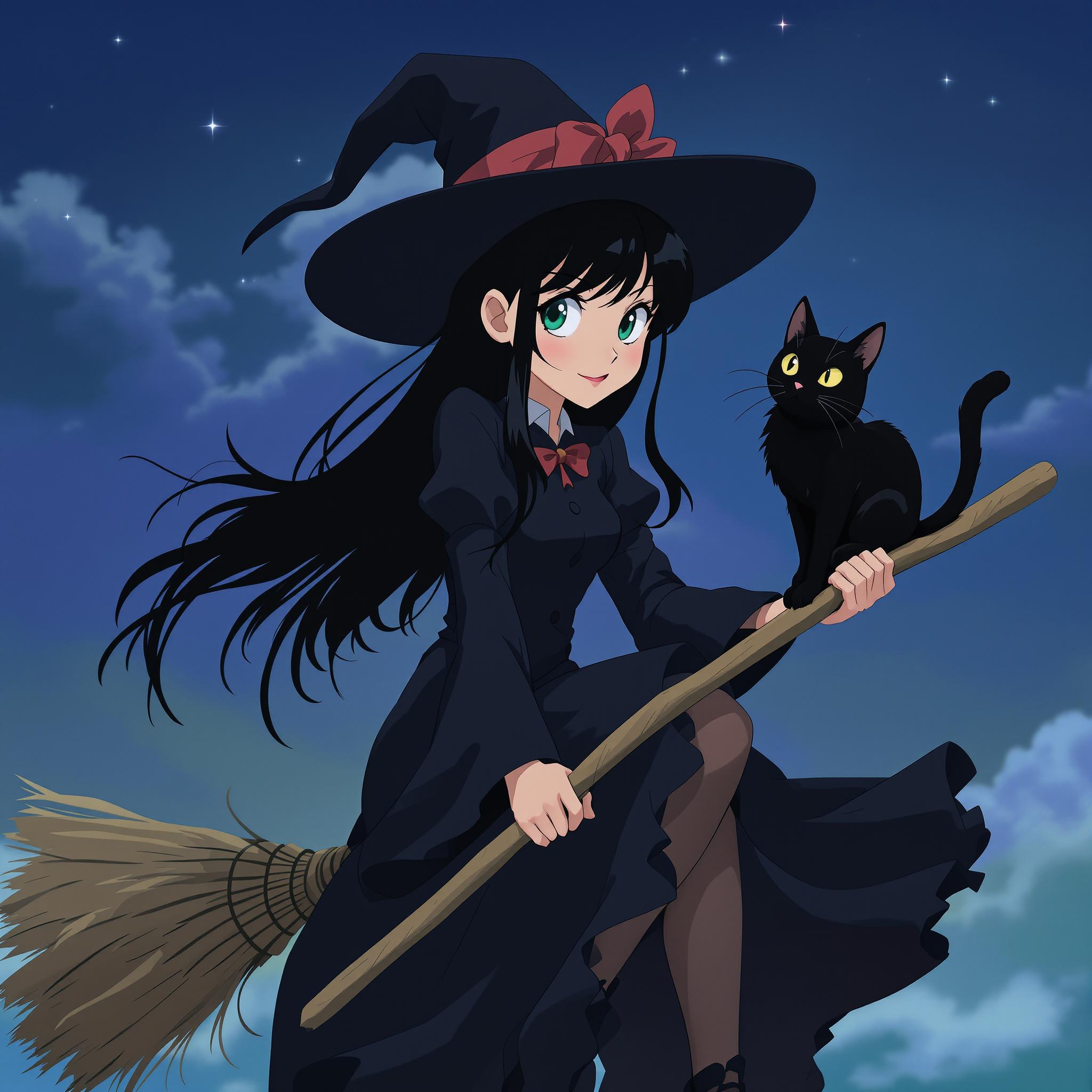 a studio ghibli style animation still image of a  young woman, about 20 years old, with bright green eyes and long black hair, dressed as a witch, riding on a broom.  On the handle of the broom is a black cat, balancing on the broomstick