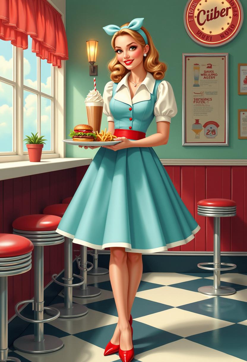 Acrylic and chalk highly detailed digital painting of a 1950s-style pin-up illustration of a cheerful soda fountain waitress in a retro diner. She’s wearing a classic light blue and white uniform with a flared skirt, red accents, and a matching headband, stockings, and heels. Her bright smile and vintage makeup give her a glamorous yet wholesome look. She holds a tray with a tall milkshake and a classic burger. The background includes checkered floors, neon signage, and chrome bar stools, all captured in a soft, hand-painted style with a nostalgic, Americana vibe.