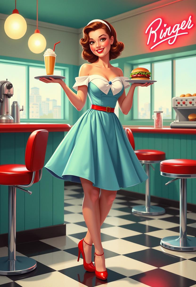 Acrylic and chalk highly detailed digital painting of a 1950s-style pin-up illustration of a cheerful soda fountain waitress in a retro diner. She’s wearing a classic light blue and white uniform with a flared skirt, red accents, and a matching headband, stockings, and heels. Her bright smile and vintage makeup give her a glamorous yet wholesome look. She holds a tray with a tall milkshake and a classic burger. The background includes checkered floors, neon signage, and chrome bar stools, all captured in a soft, hand-painted style with a nostalgic, Americana vibe.