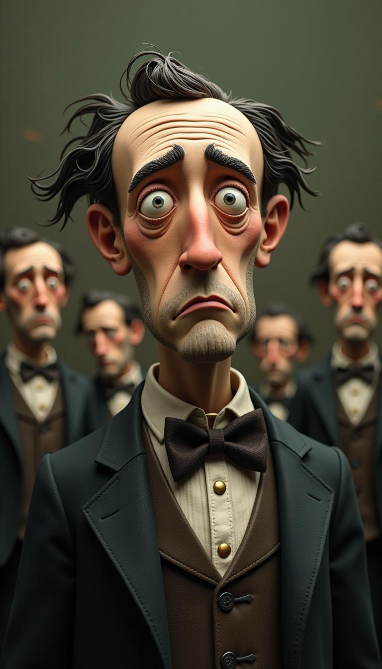 in the style of tim burton claymation. A 1800's businessman who is sad and droopy. background full of similar characters