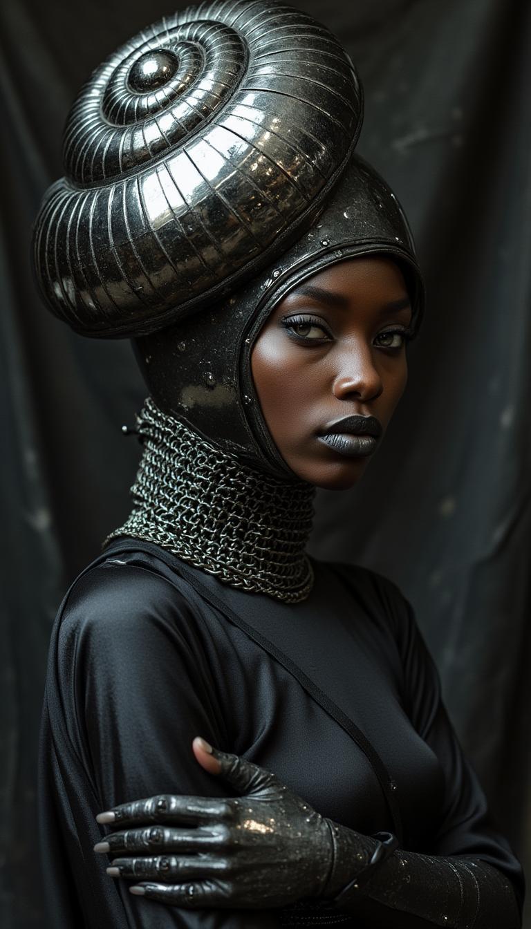 hard looking contemporary black Joan of Arc wearing futuristic style black silk dress and chainmail covered with a shining chrom knight helmet in the shape of a spiral snail shell, she hugs herself; studio photograph by David LaChapelle; dark fabric texture background, very detailed photograph of supermodel with beautiful grey eyes, young skin, avant-garde makeup