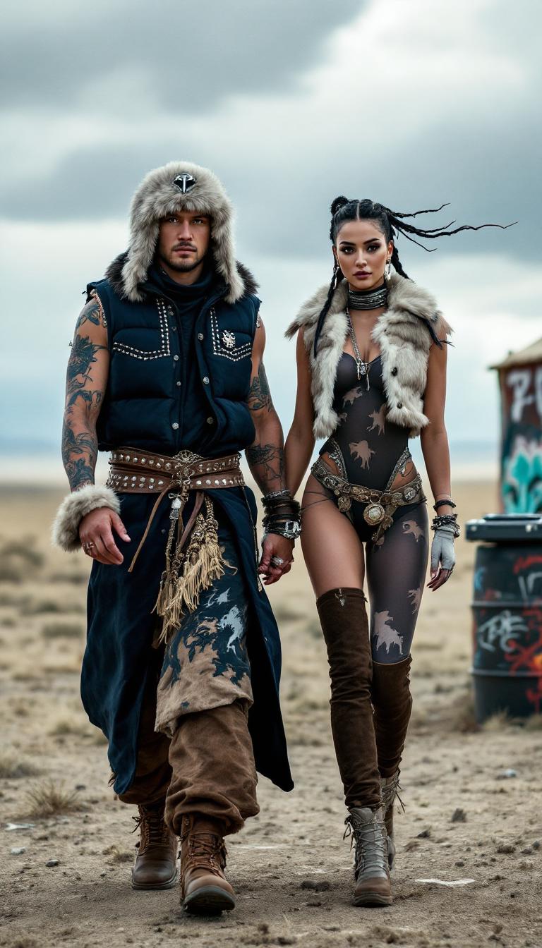A striking Mongolian rapper couple strides across the windswept plains near Ulaanbaatar, where throat-singing collides with hip-hop bass. The man wears a sleeveless deel (traditional robe) in deep navy, belted with a studded leather sash, and layered with an urban puffer vest. His boots are fur-lined but modified for breakdancing, and his fur hat bears a chrome mic pin. His partner slays in a cropped deel jacket over a bodysuit patterned with horse motifs, thigh-high suede boots, and fingerless gloves. Her braid is wrapped with silver bands, and a bone-shaped earring swings as she moves. They stand near a graffiti-covered yurt with a portable turntable on a barrel, where nomadic melodies blend with deep beats and howling winds.