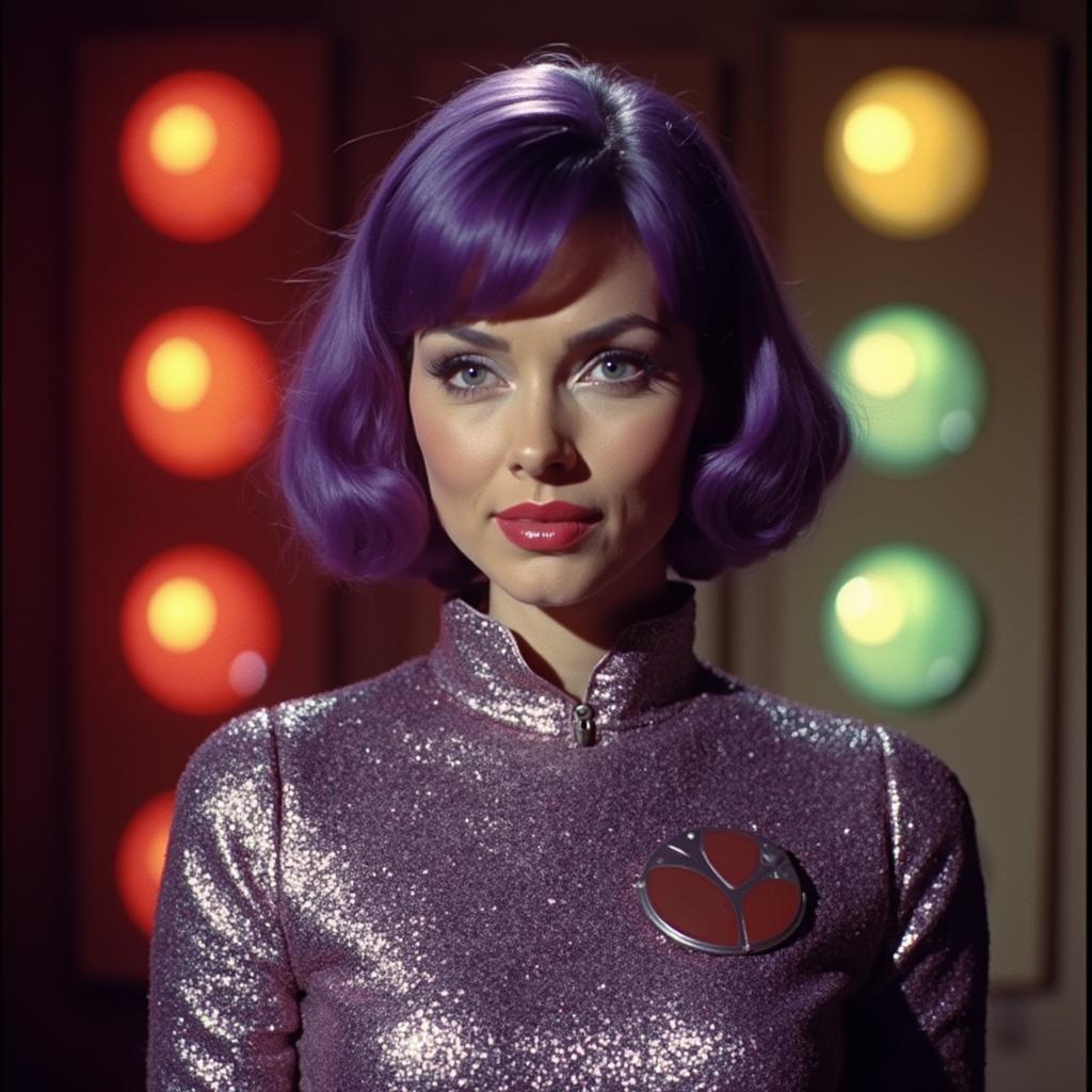 This image appears to be a still from a television show or film, given the stylized and period specific costume and the background that resembles a control panel or a set from a science fiction production. The art style is reminiscent of the 1960s and 1970s, with a focus on bold, bright colors and a somewhat exaggerated, stylized form of realism.The medium seems to be a photograph, possibly colorized or digitally altered to enhance the visual effects. The colors are vivid and saturated, with a strong contrast between the purples and blues of the subjects hair and costume, and the warm tones of the background. The lighting is dramatic, with a spotlight effect that casts a glow on the subjects face, emphasizing the contours and giving the image a cinematic quality.The objects in the image are primarily the subjects costume and the background elements. The subject, a very beautiful woman, is wearing a metallic, high-necked top with a textured pattern of a  metal colored coarse wool material. The top has a circular emblem or badge on the left side, which could be a part of a uniform or a costume design element. The subjects hair is a short, layered bob cut with a purple hue, styled in a way that suggests a futuristic or otherworldly aesthetic, coming to a widow's peak. The background is a series of vertical panels, each with a different colored light or button. The colors are red, yellow, and green, and they are arranged in a pattern that could be a control interface or a decorative element. The lighting on these panels is consistent with the spotlight effect on the subject, creating a sense of depth and focus on the central figure. The overall composition of the image is balanced, with the subject taking up a significant portion of the frame and the background providing context and a sense of setting.